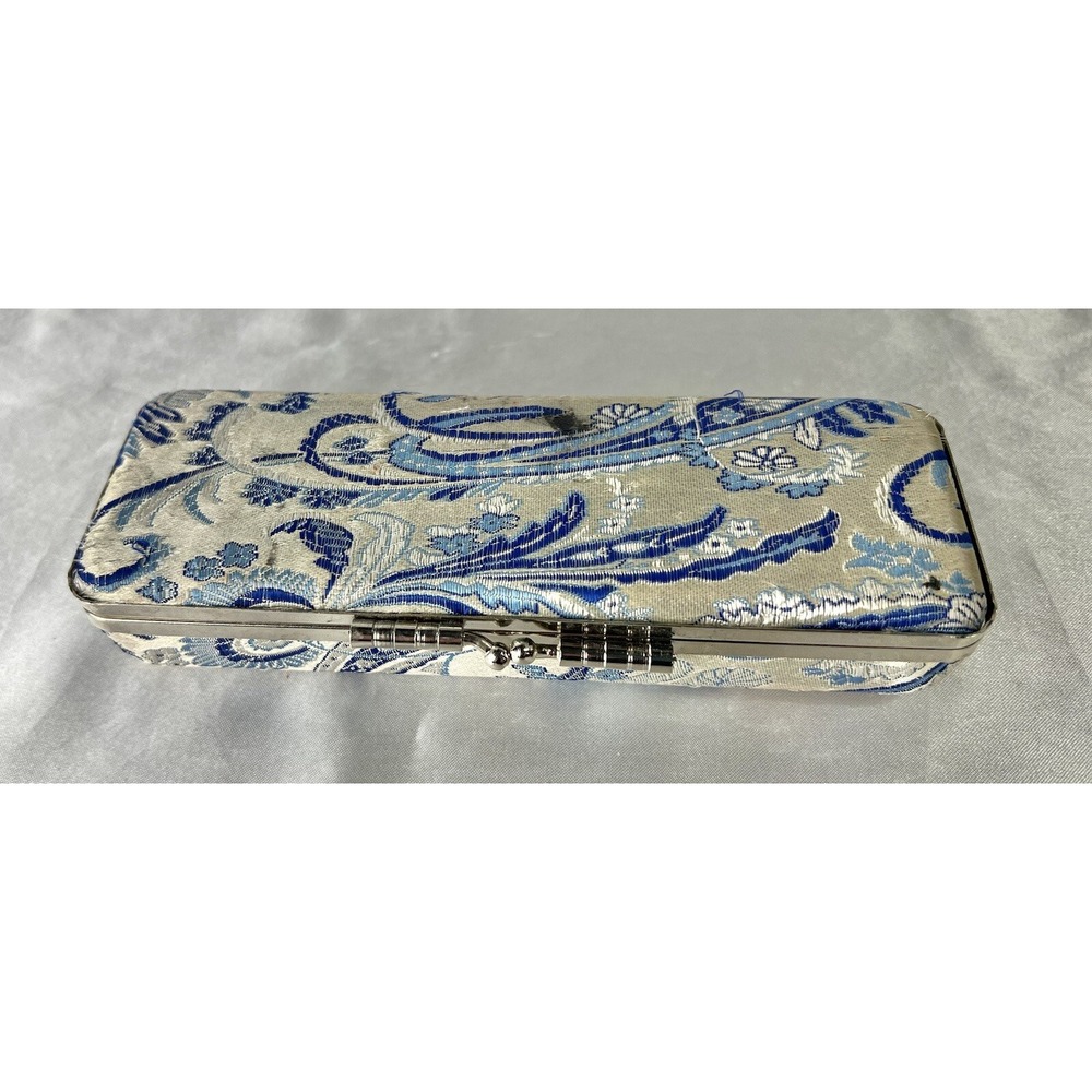 Vintage Silk Fabric Covered Travel Jewelry Ring Case Blue Silver 6.5" long Clasp
